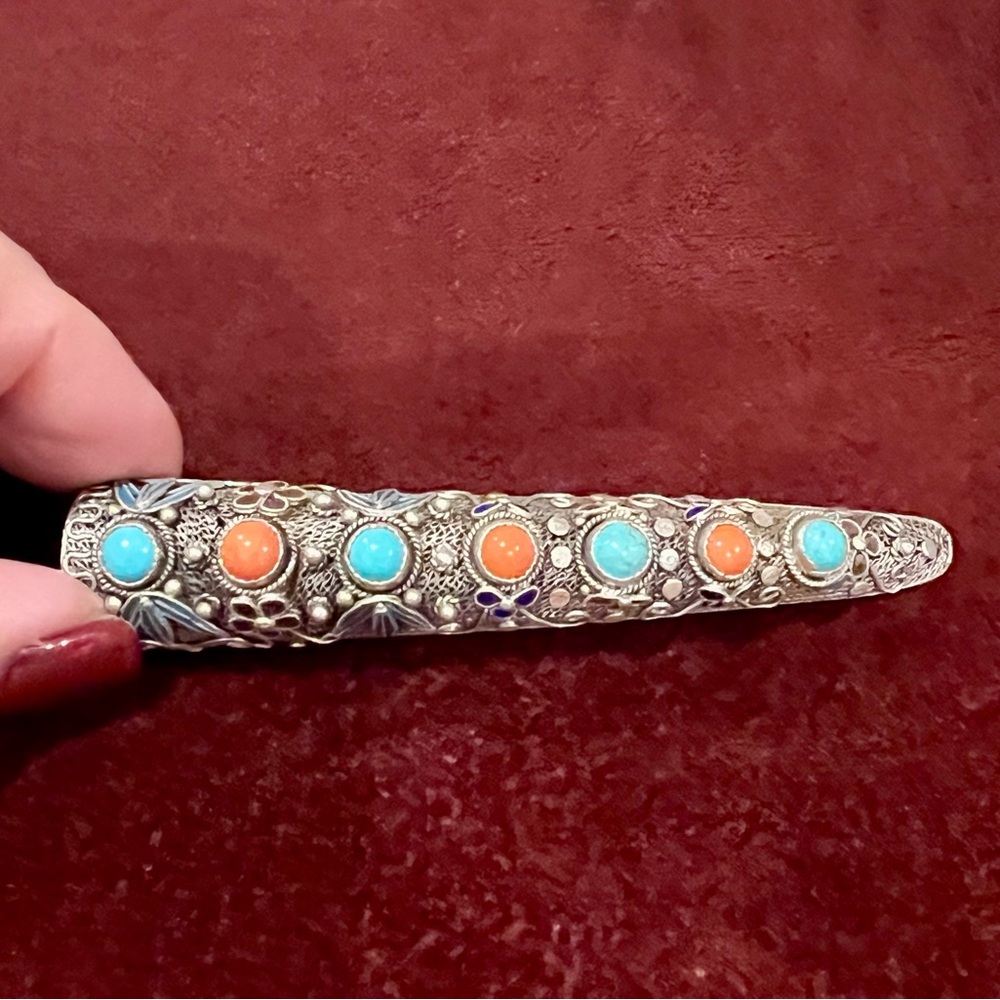 Chinese Silver Nail Guard with Turquoise & Coral Stones | Filigree Finger Armor